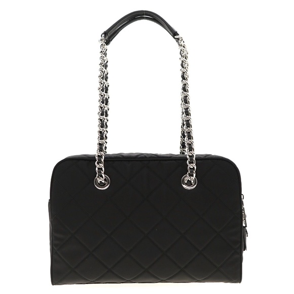 Prada Shoulder Bag Quilted Black Nylon With Chain And Leather Straps 1BB903 New - Picture 3 of 6